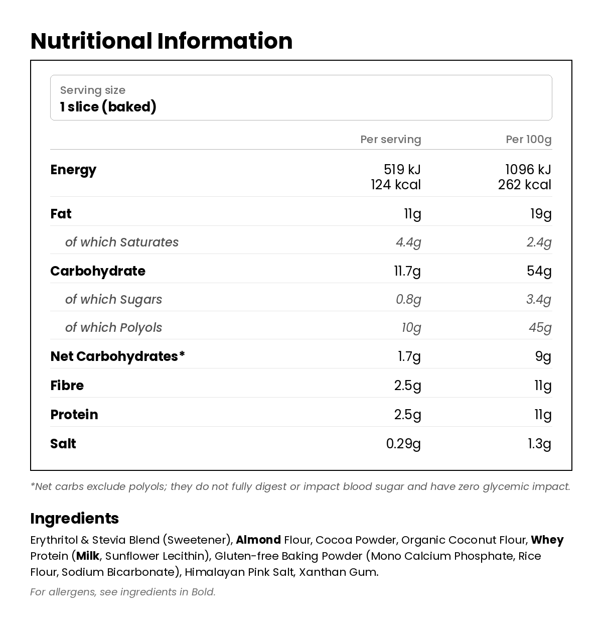 Nutritional information for Chocolate Cake Low Carb Baking Mix 260g