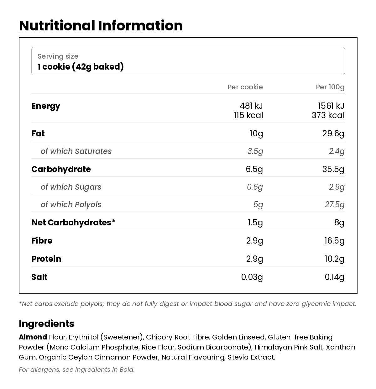 Nutritional information for Cookies Low Carb Baking Mix 255g