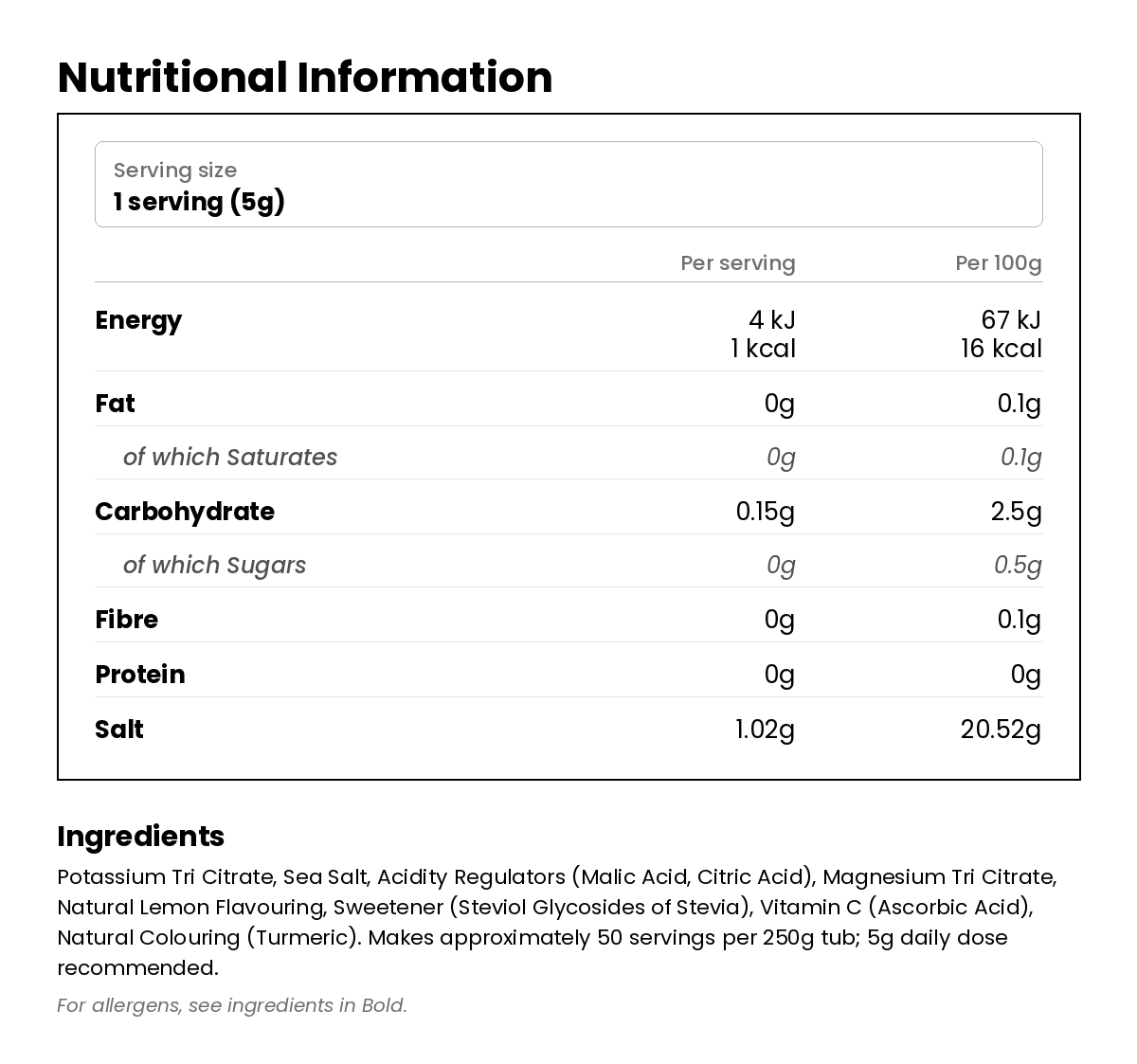 Nutritional information for Electrolytes - Lemon 250g
