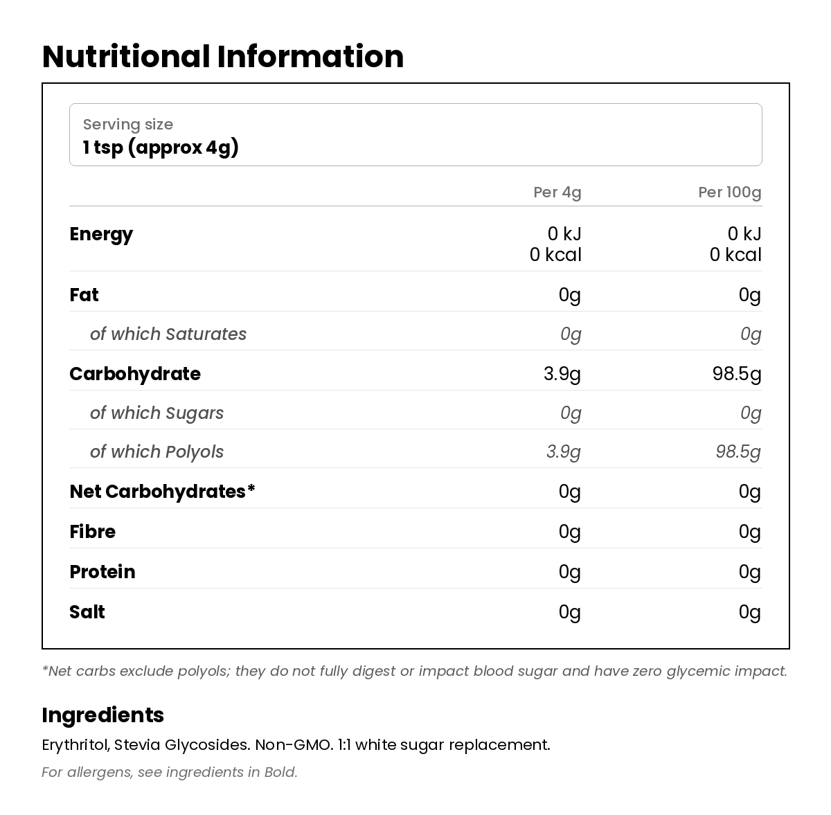 Nutritional information for Granulated Erythritol & Stevia Blend 1kg