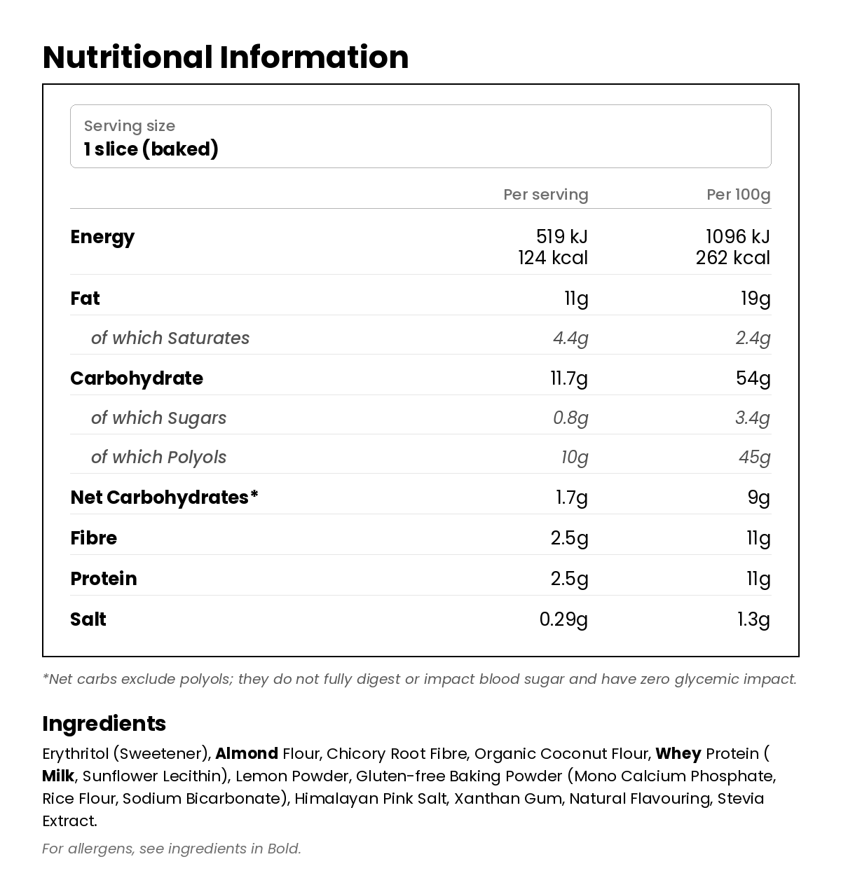 Nutritional information for Lemon Cake Low Carb Baking Mix 260g
