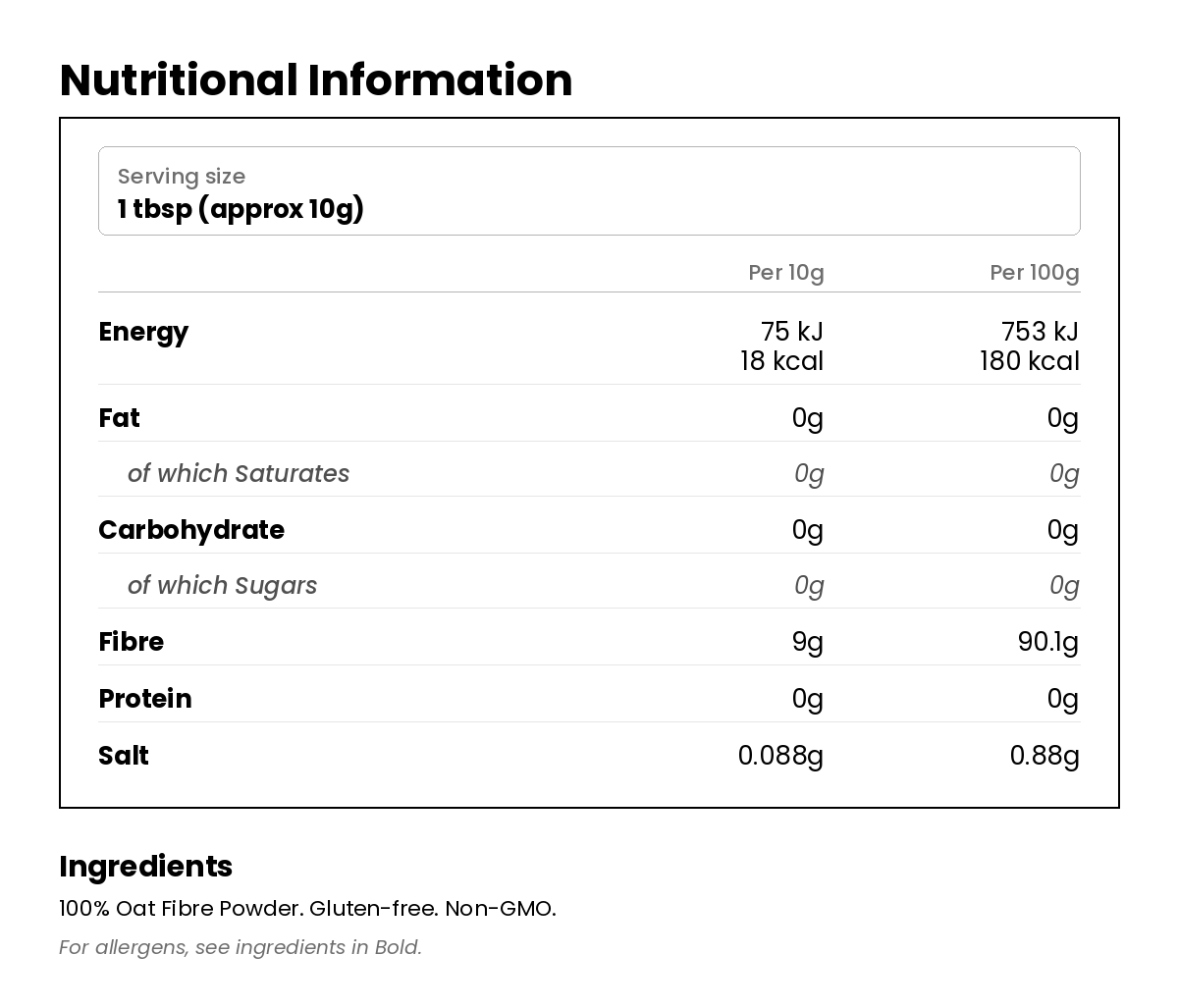 Nutritional information for Oat Fibre 500g