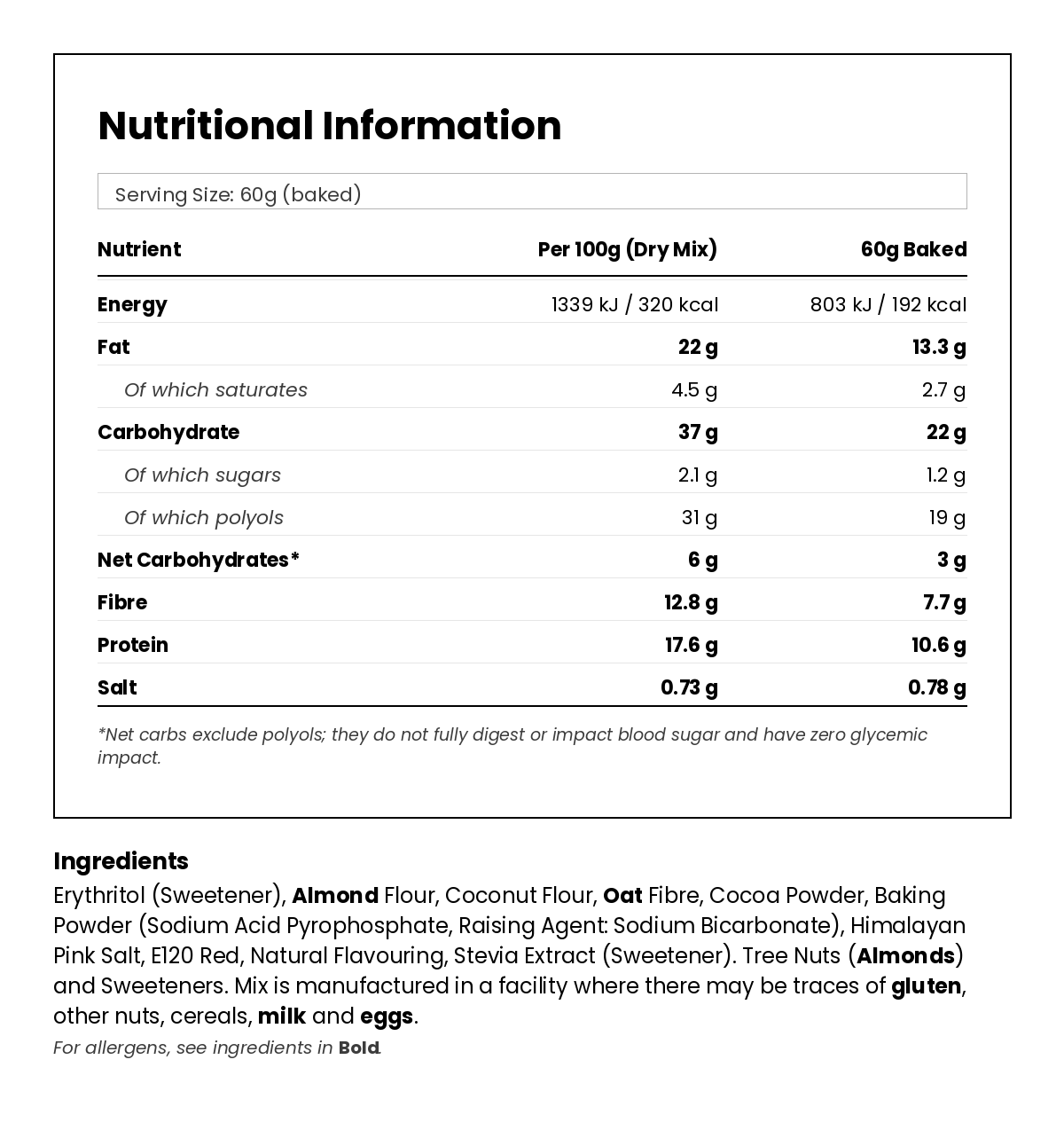 Nutritional information for Keto Red Velvet Cake Mug Mix 50g