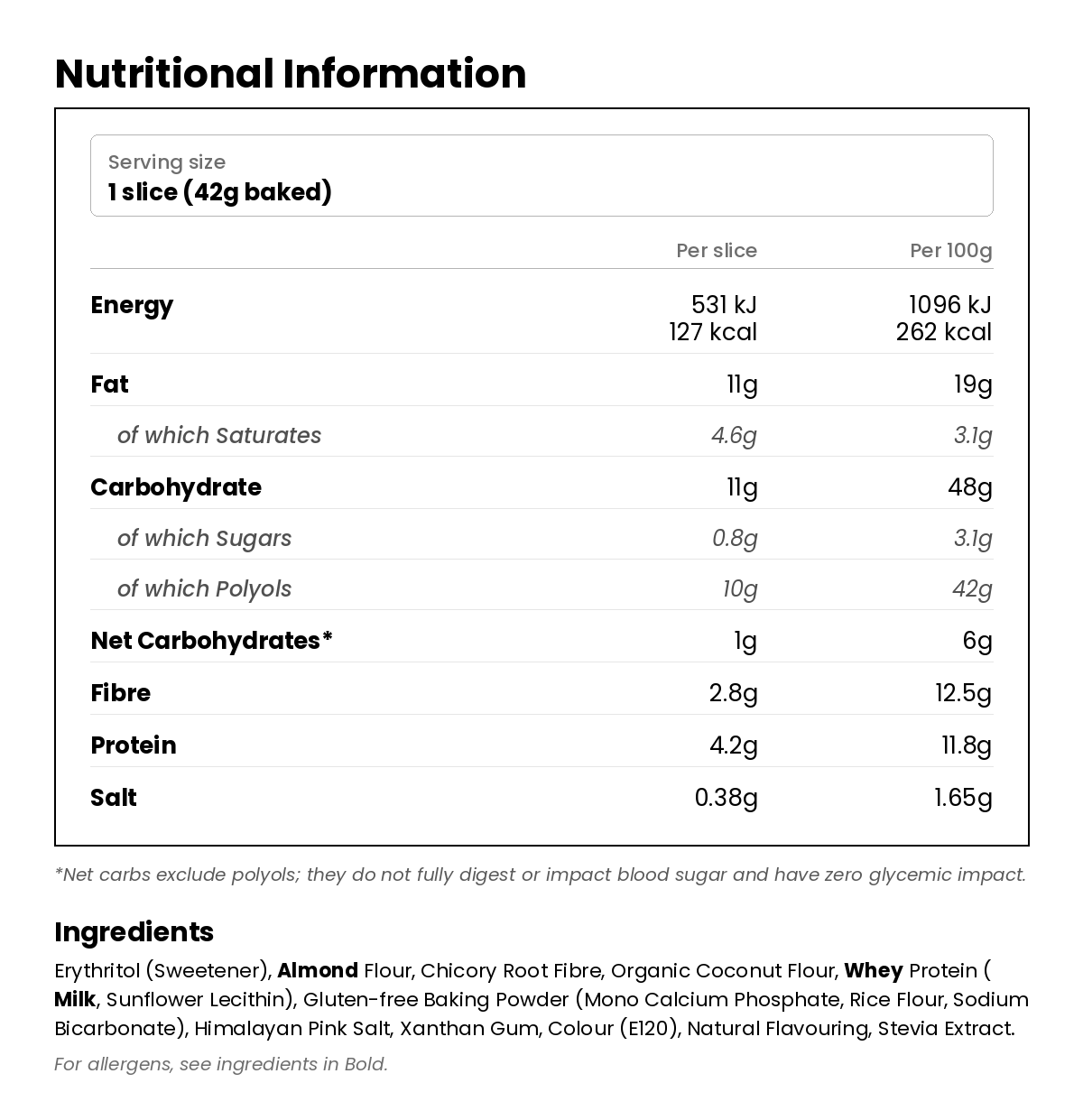 Nutritional information for Red Velvet Cake Low Carb Baking Mix 260g