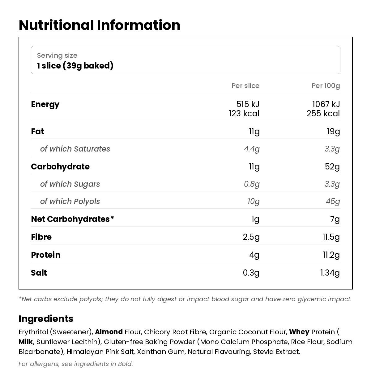 Nutritional information for Vanilla Cake Low Carb Baking Mix 260g