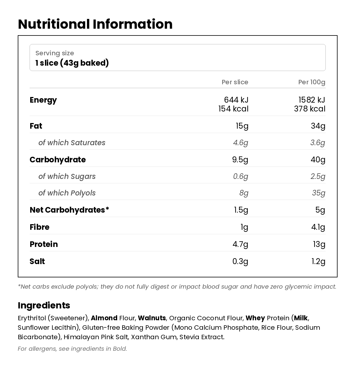 Nutritional information for Walnut Cake Low Carb Baking Mix 280g