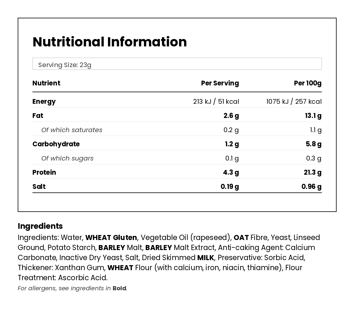 Nutritional information for Better Brown Low Carb Bread Loaf 330g