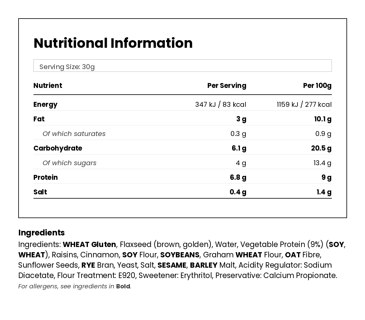 Nutritional information for Cinnamon & Raisin Low Carb Bread Loaf 450g
