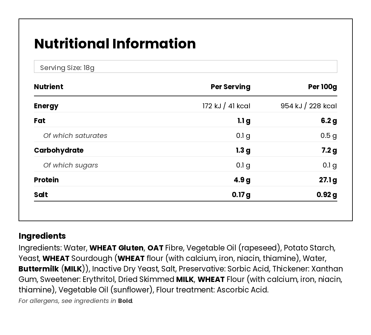 Nutritional information for Lighter White Low Carb Bread Loaf 300g