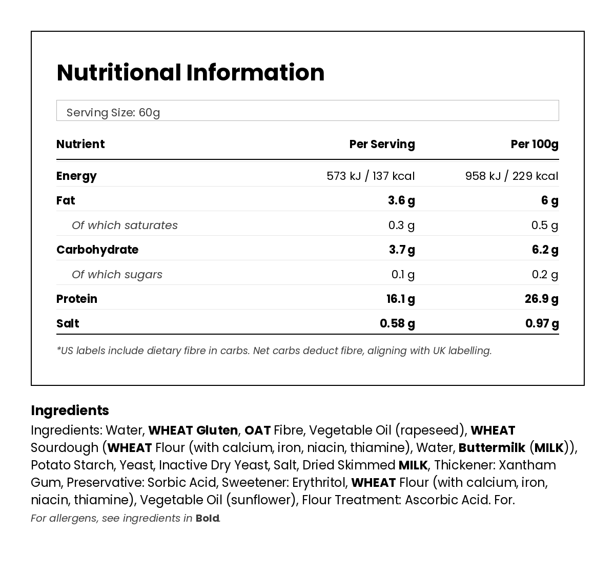 Nutritional information for Lighter White Low Carb Bread Rolls - 4 x 60g
