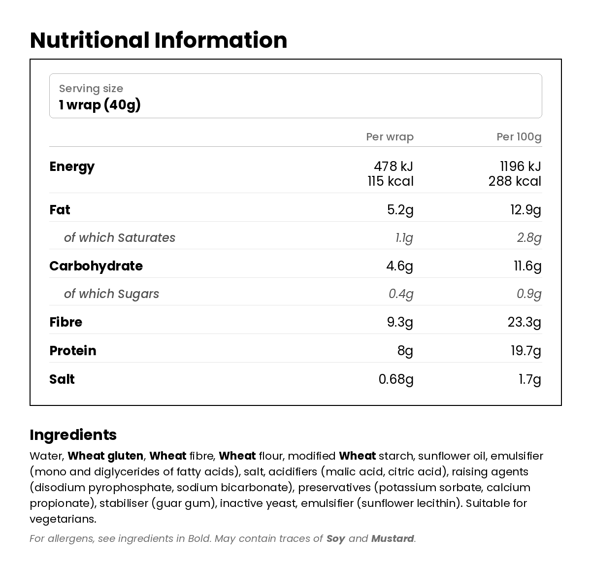 Nutritional information for Lower Carb Wraps - 6 x 40g