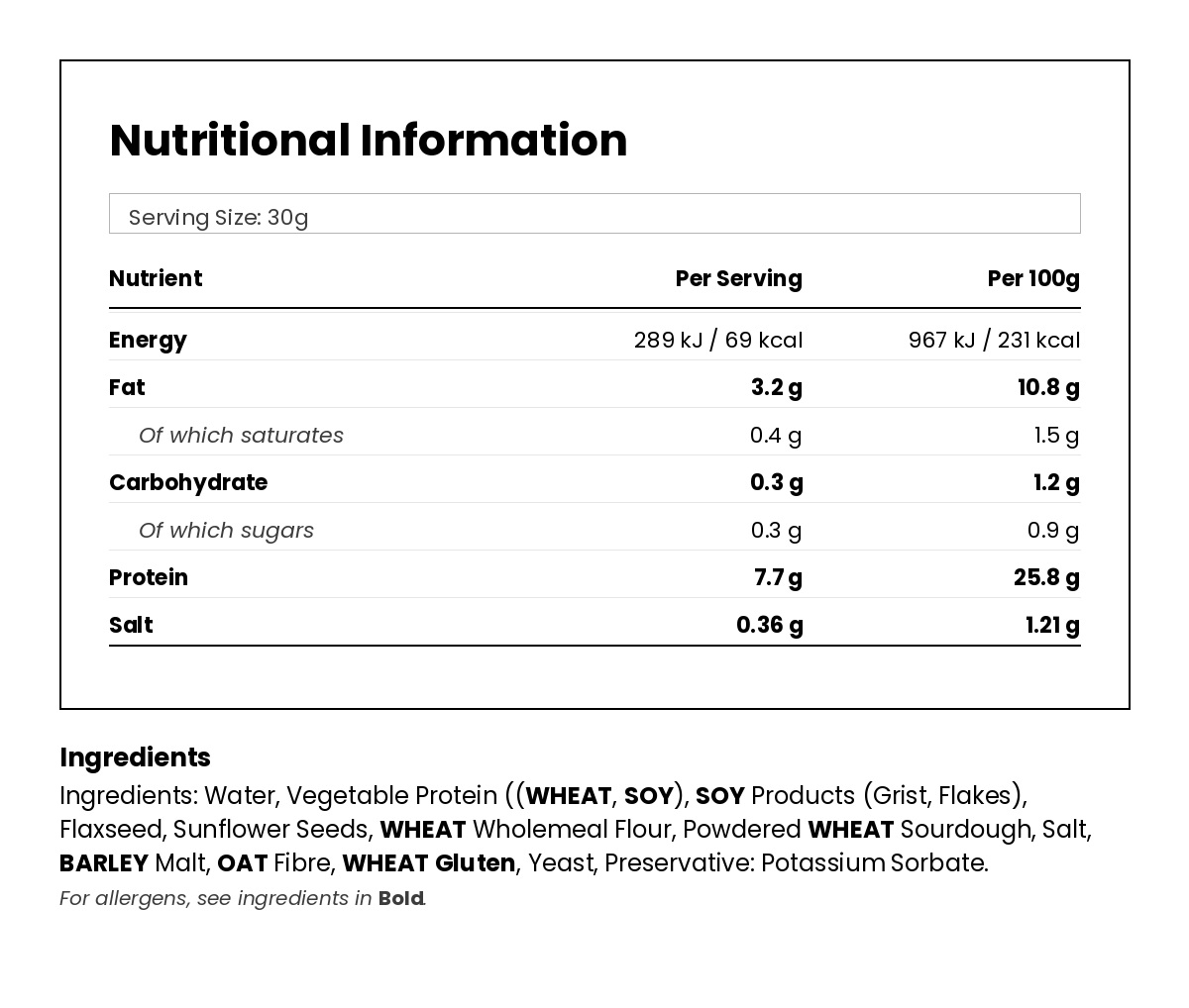 Nutritional information for Super Seeded Keto Bread Loaf 450g