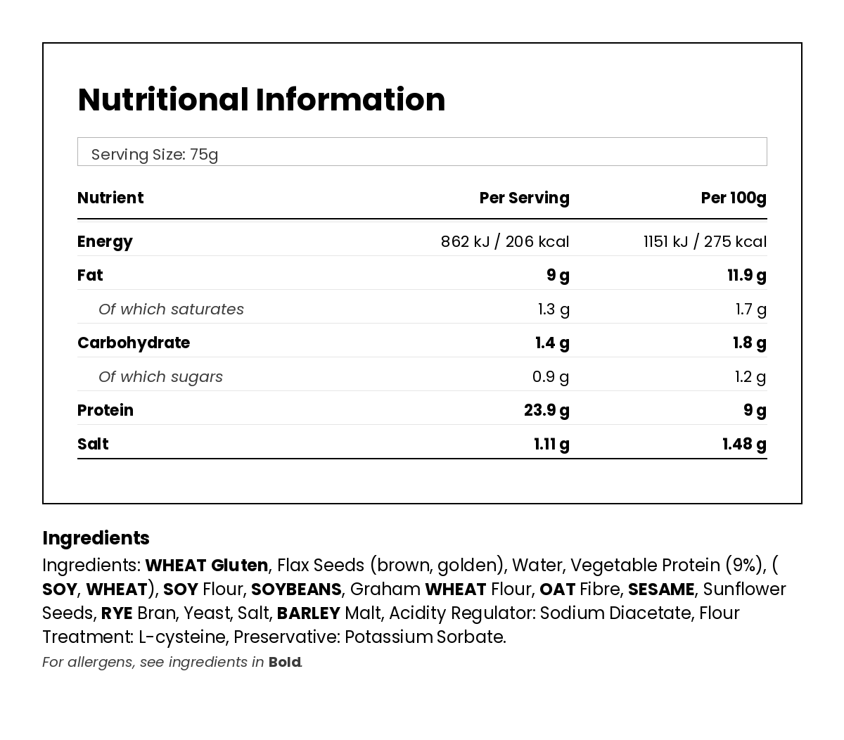 Nutritional information for Seeded Low Carb Bagels - 2 x 75g