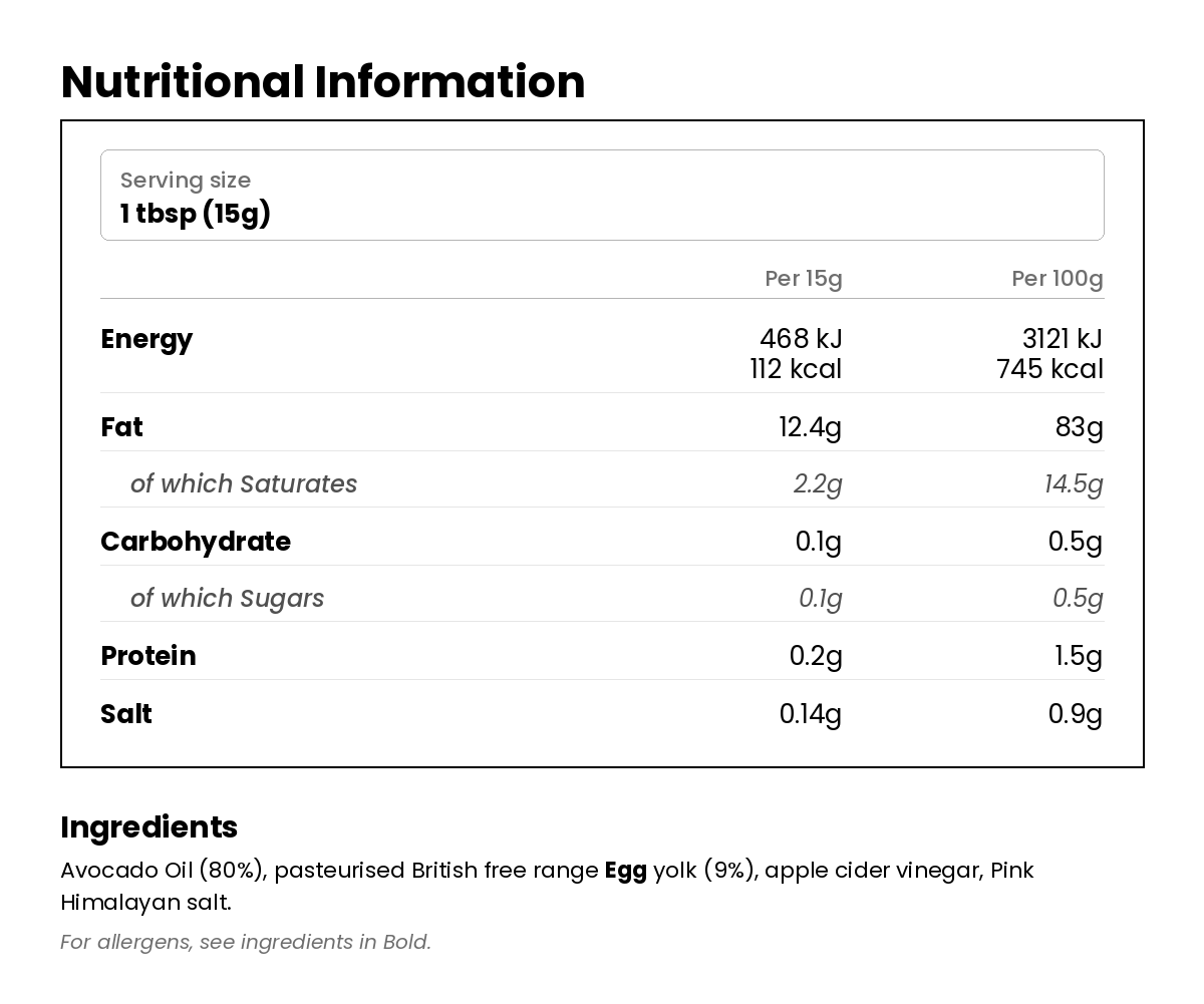 Nutritional information for Avocado Oil Mayonnaise 630g