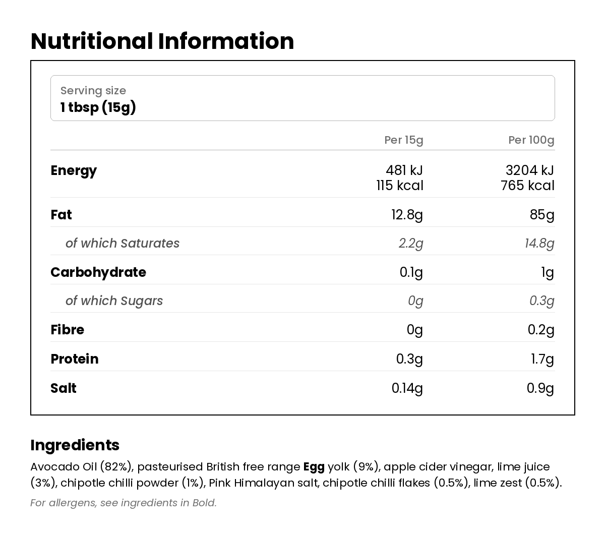 Nutritional information for Avocado Oil Mayonnaise - Chipotle & Lime 250g