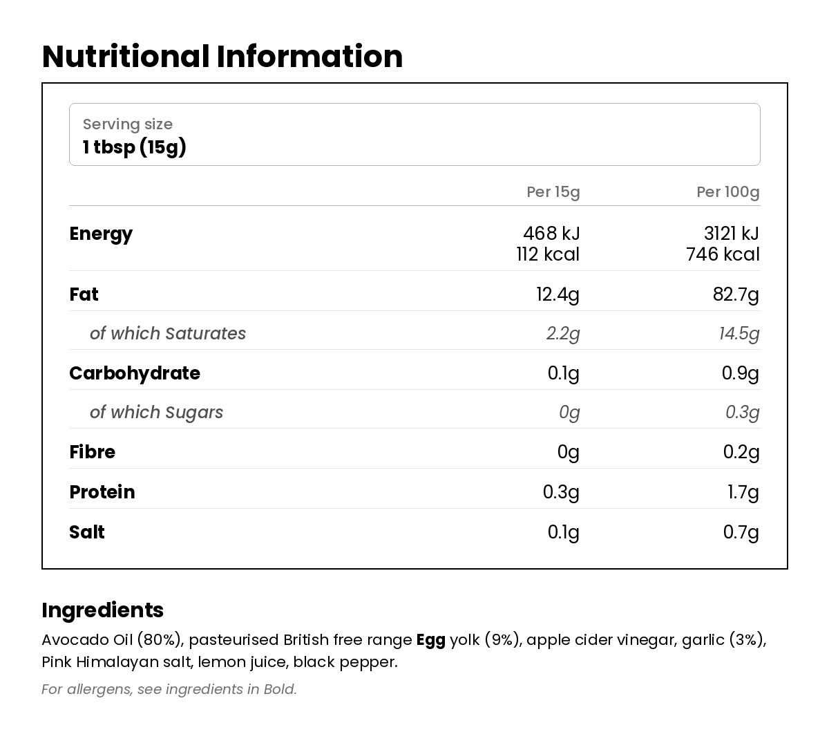 Nutritional information for Avocado Oil Mayonnaise - Garlic 175g
