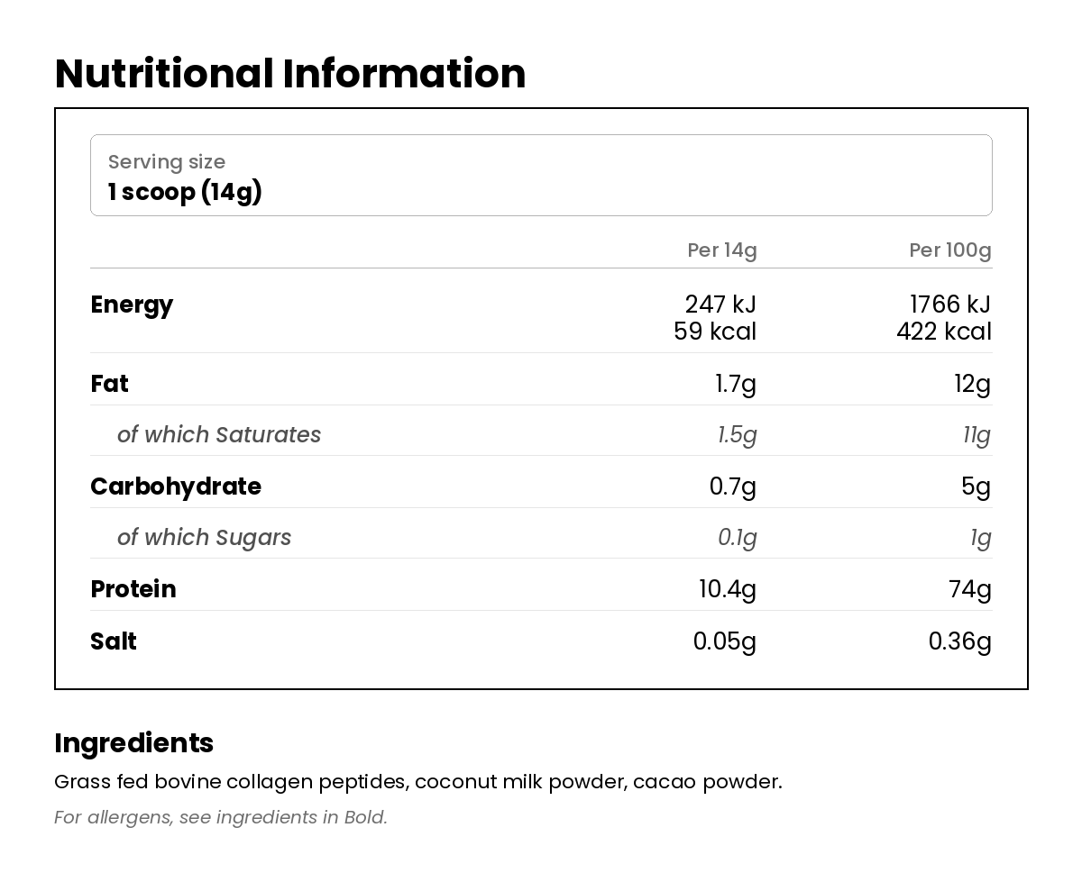 Nutritional information for Cacao Collagen Creamer 300g