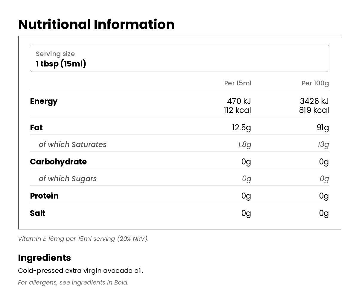 Nutritional information for Extra Virgin Avocado Oil 500ml
