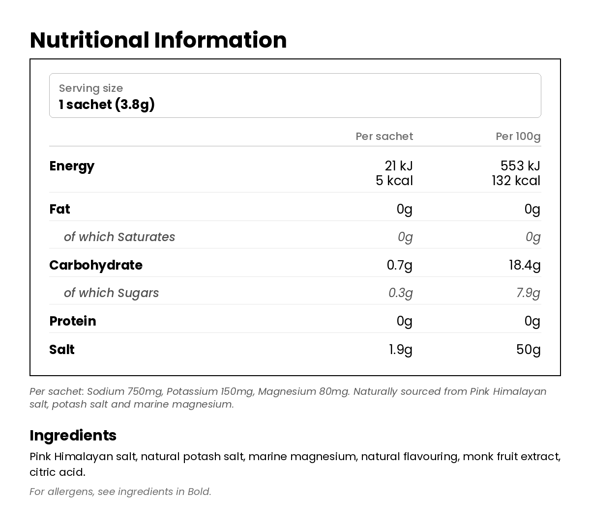 Nutritional information for Restore Electrolytes - Mixed Berry 30 pack