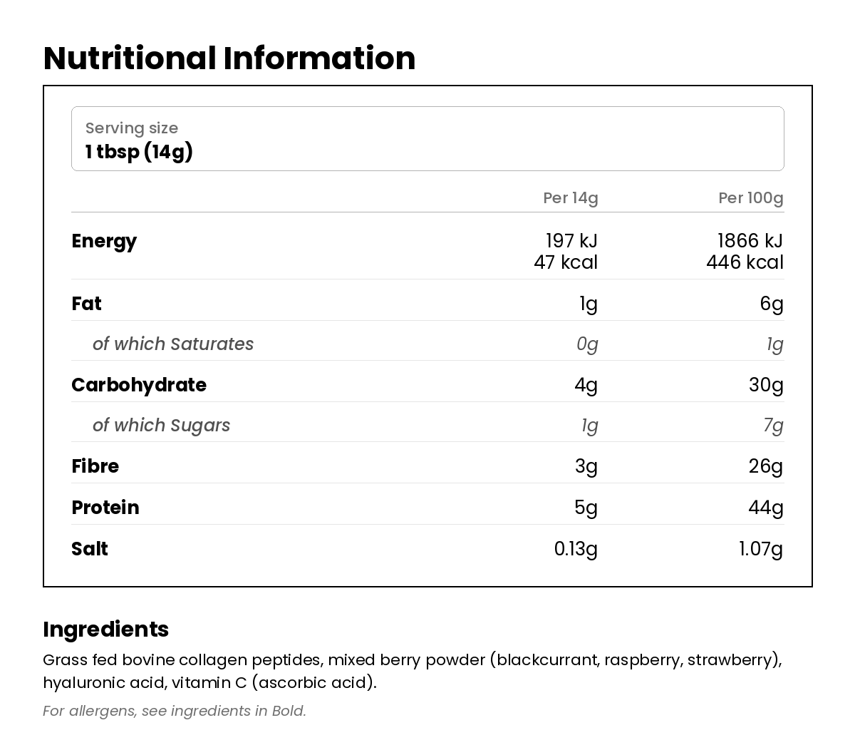 Nutritional information for Rise & Glow Mixed Berry Collagen 300g
