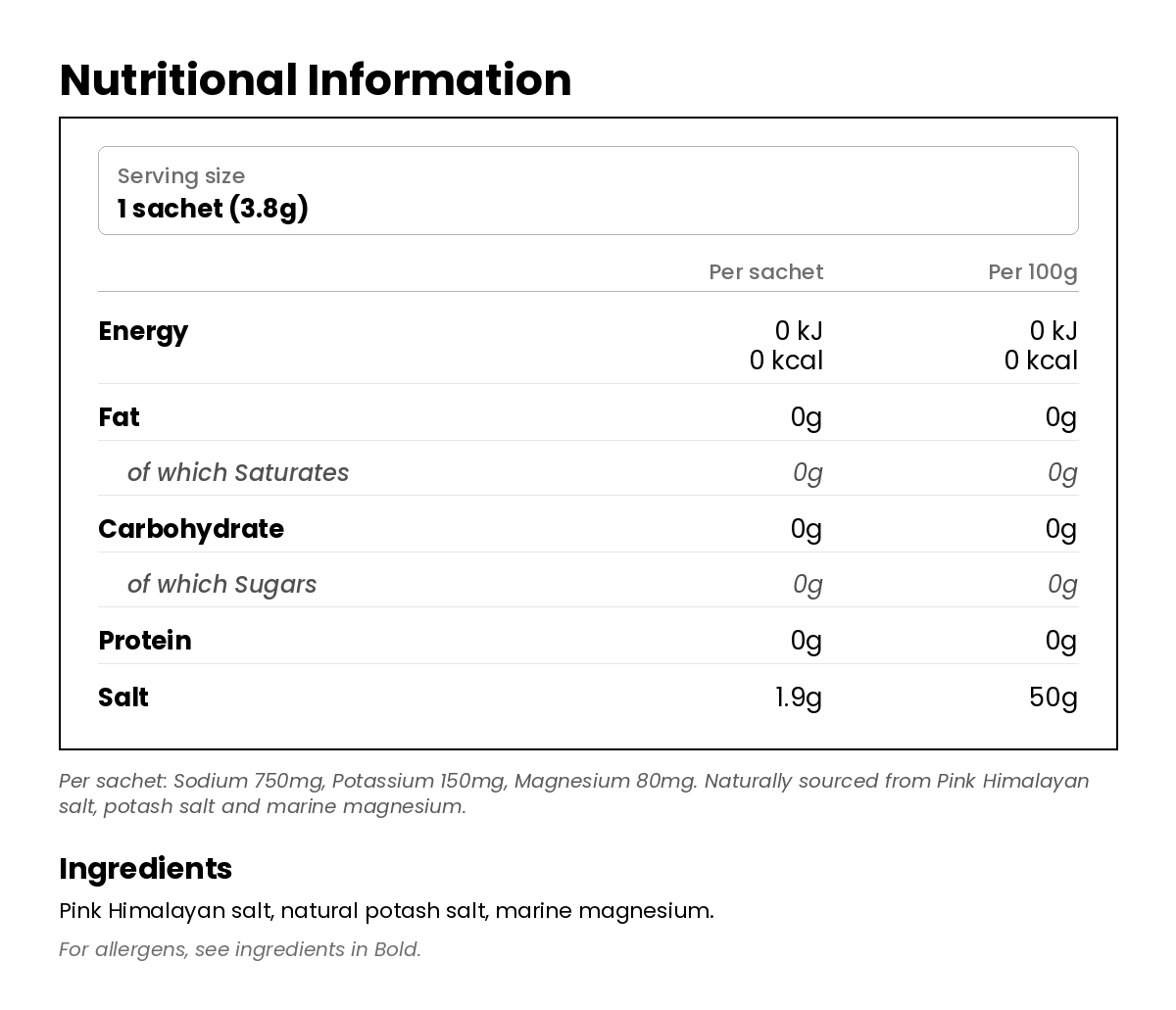 Nutritional information for Restore Electrolytes - Unflavoured 7 pack