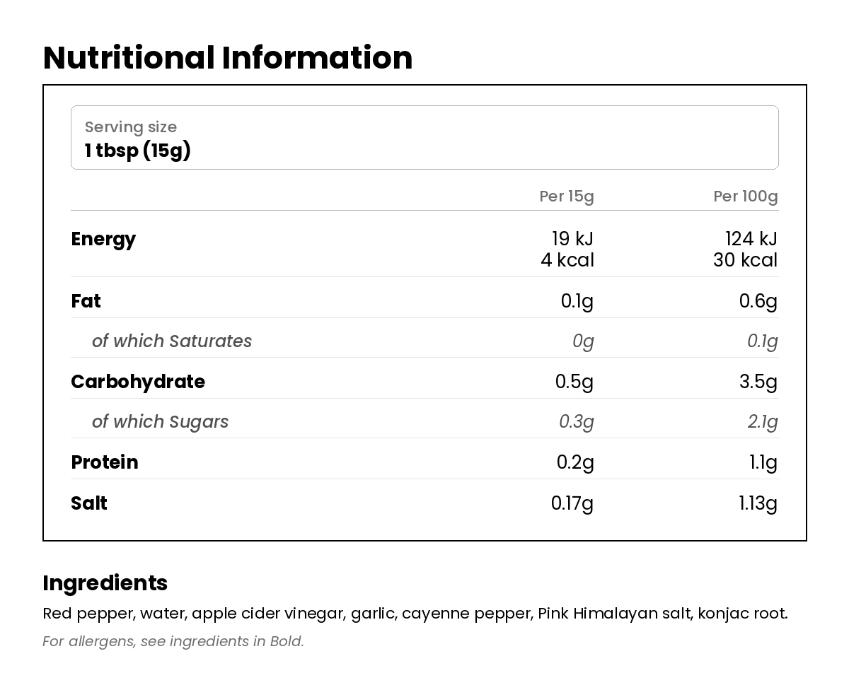 Nutritional information for Unsweetened Sriracha Hot Sauce 350g