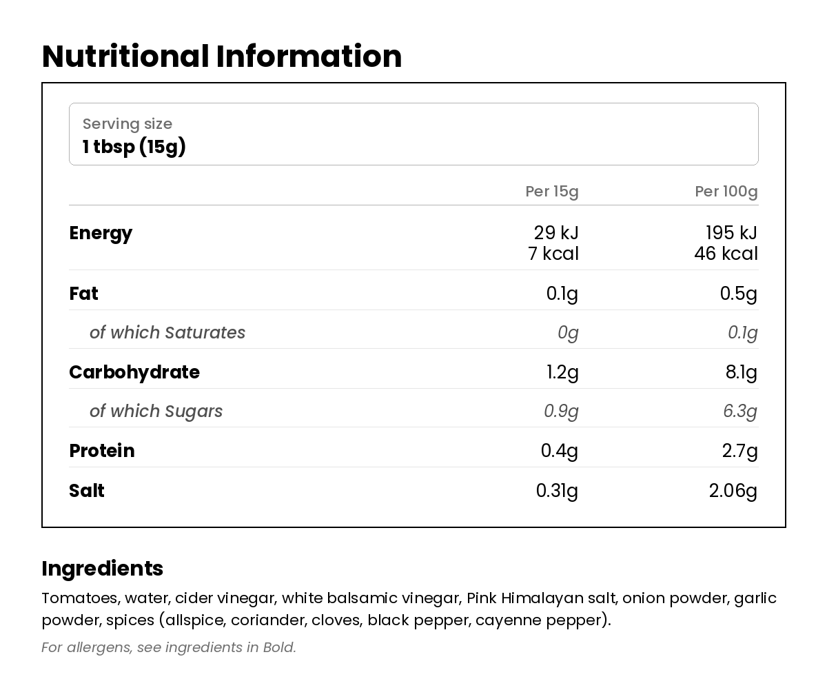 Nutritional information for Unsweetened Tomato Ketchup 350g