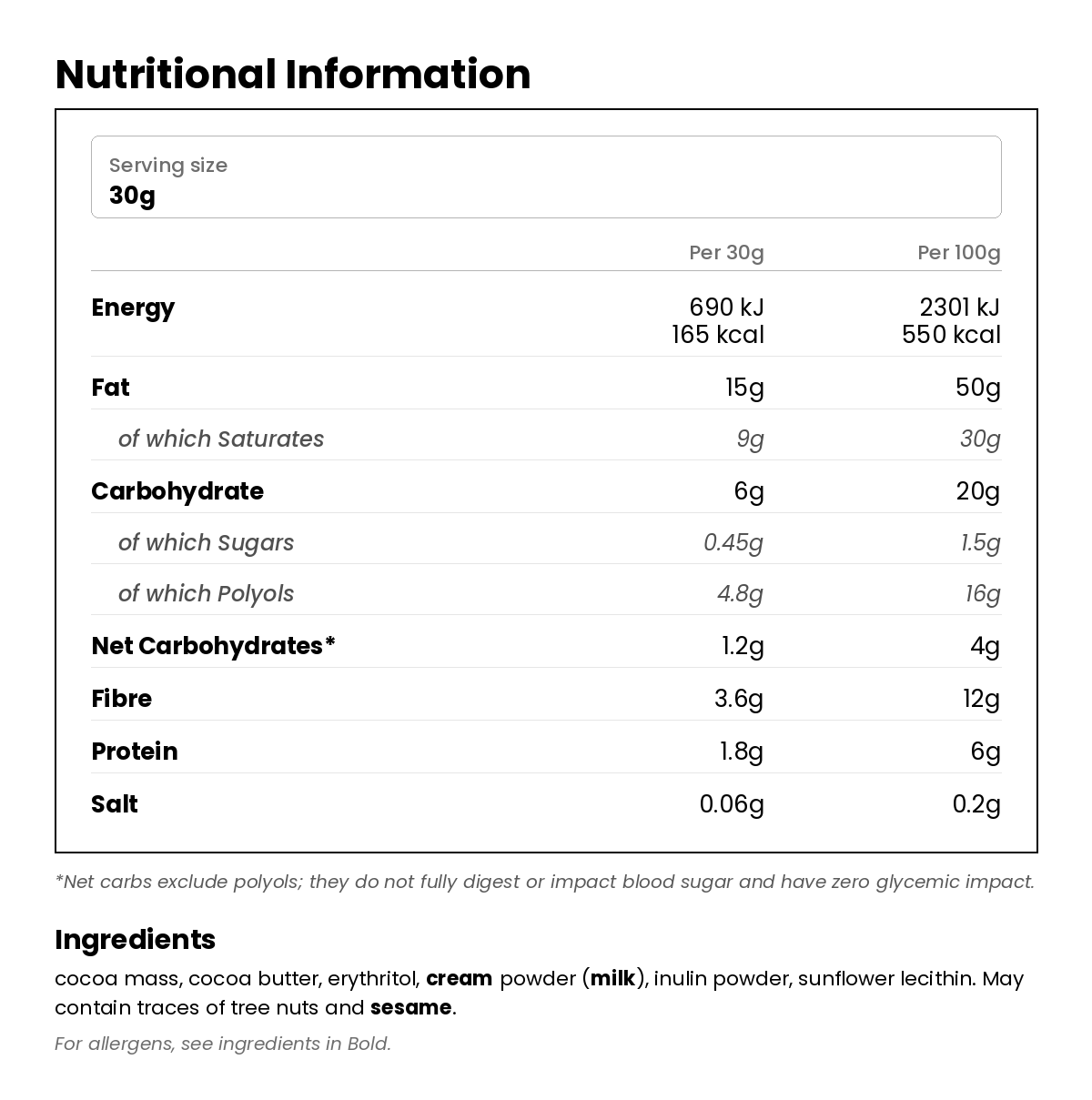 Nutritional information for Low Carb Keto Chocolate 90g