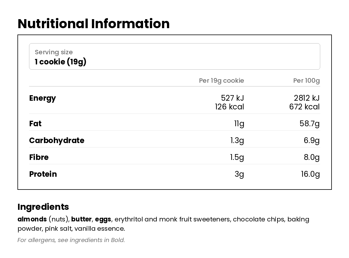 Nutritional information for Keto Low Carb Cookies - Choc Chip (Pack of 8)