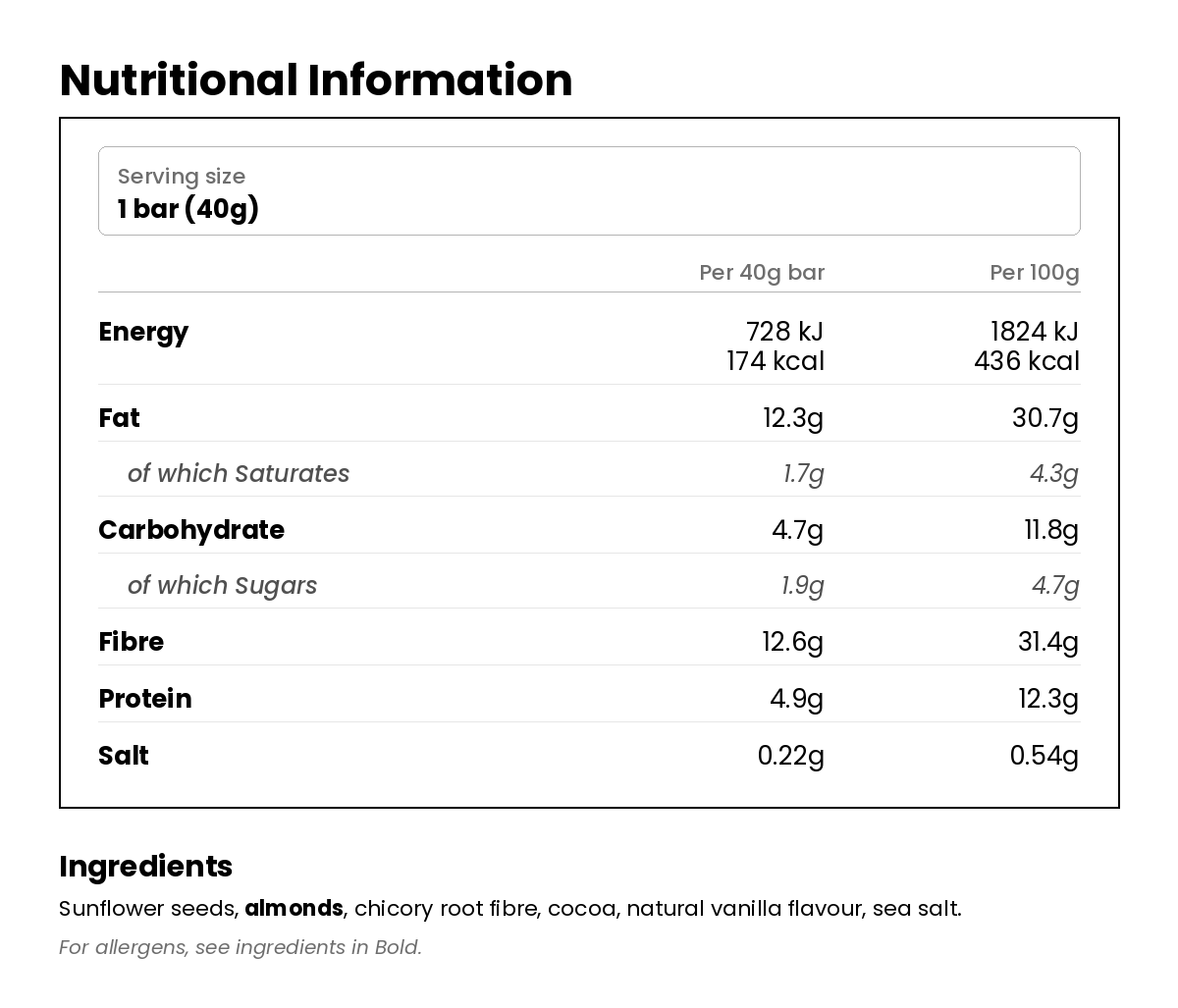 Nutritional information for Choc Sea Salt Keto Bar 40g