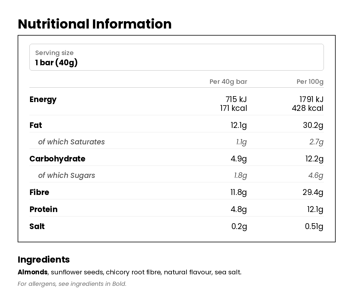 Nutritional information for Salted Caramel Keto Bar 40g