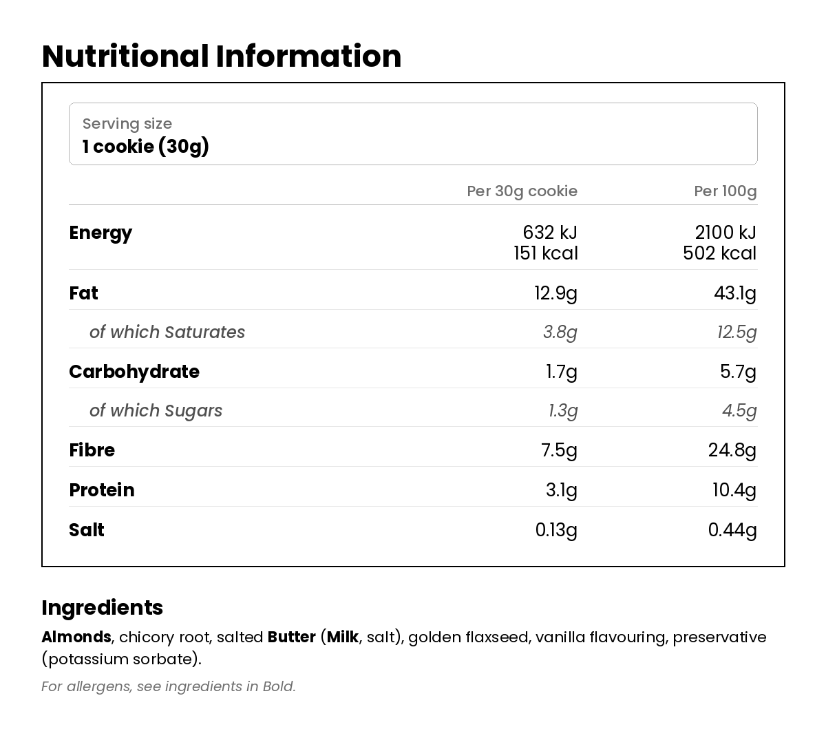 Nutritional information for Vanilla Cookie 30g