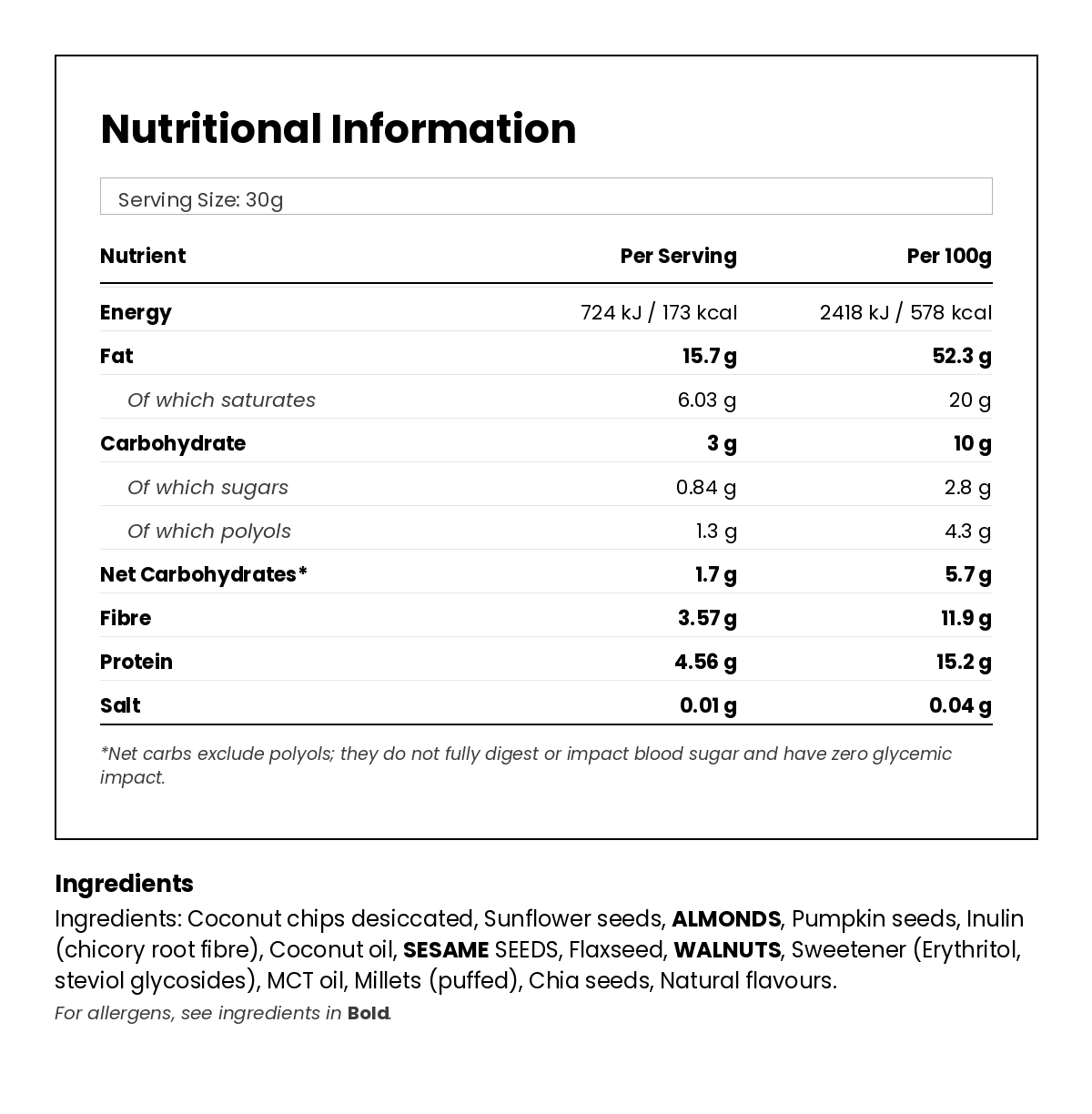 Nutritional information for Keto Granola - Honeycomb 360g
