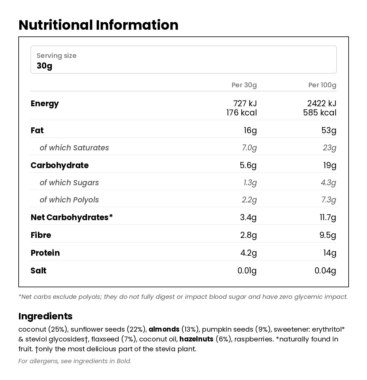 Nutritional information for Raspberry Granola 300g