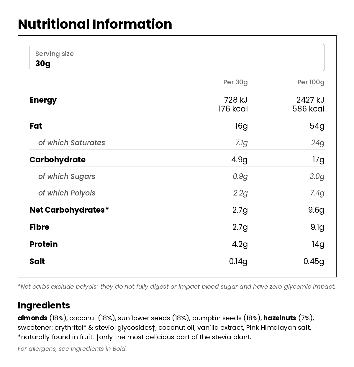Nutritional information for Vanilla & Pink Sea Salt Granola 300g