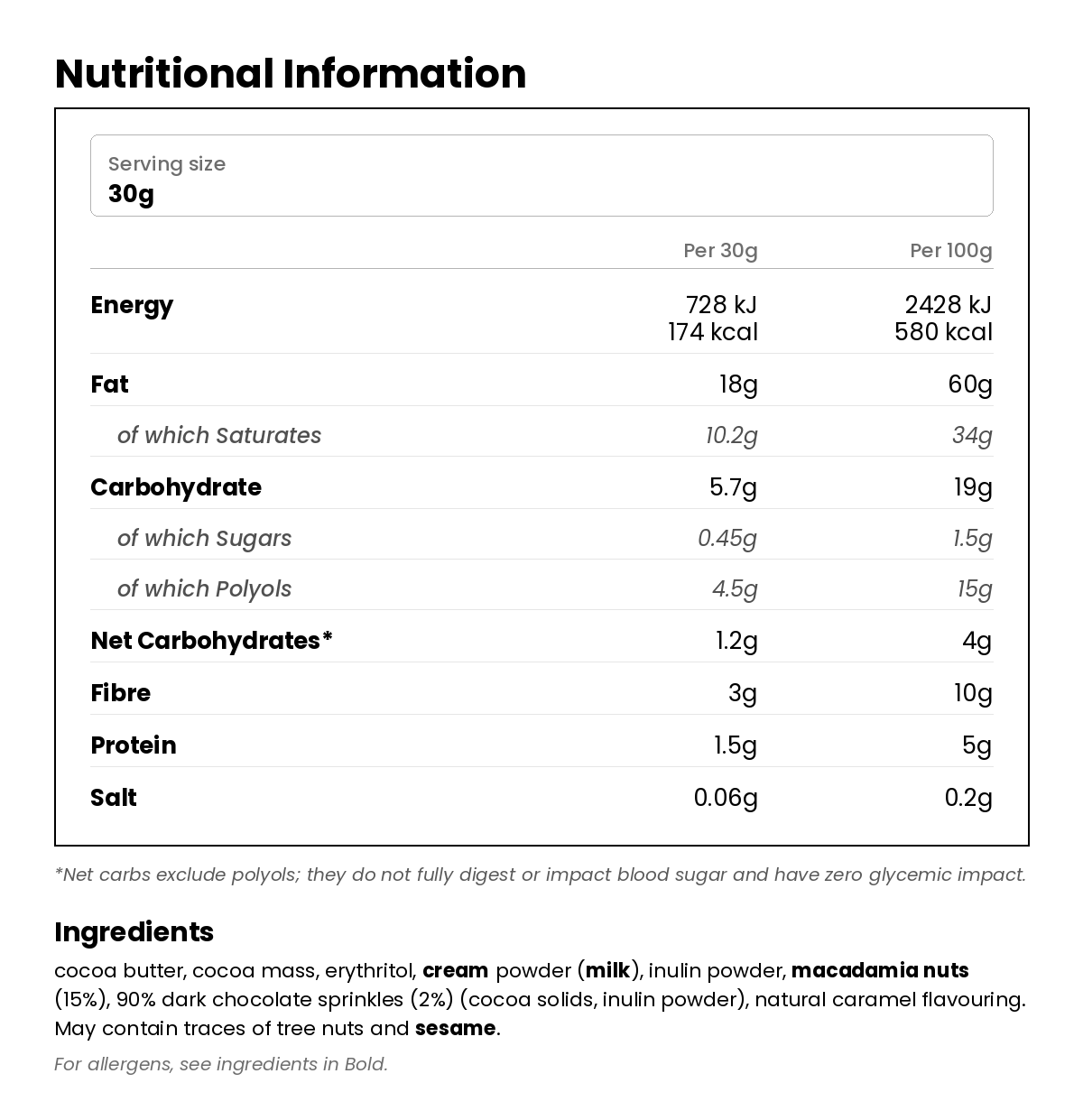 Nutritional information for Low Carb Keto Chocolate - Caramel Macadamia Nuts 90g