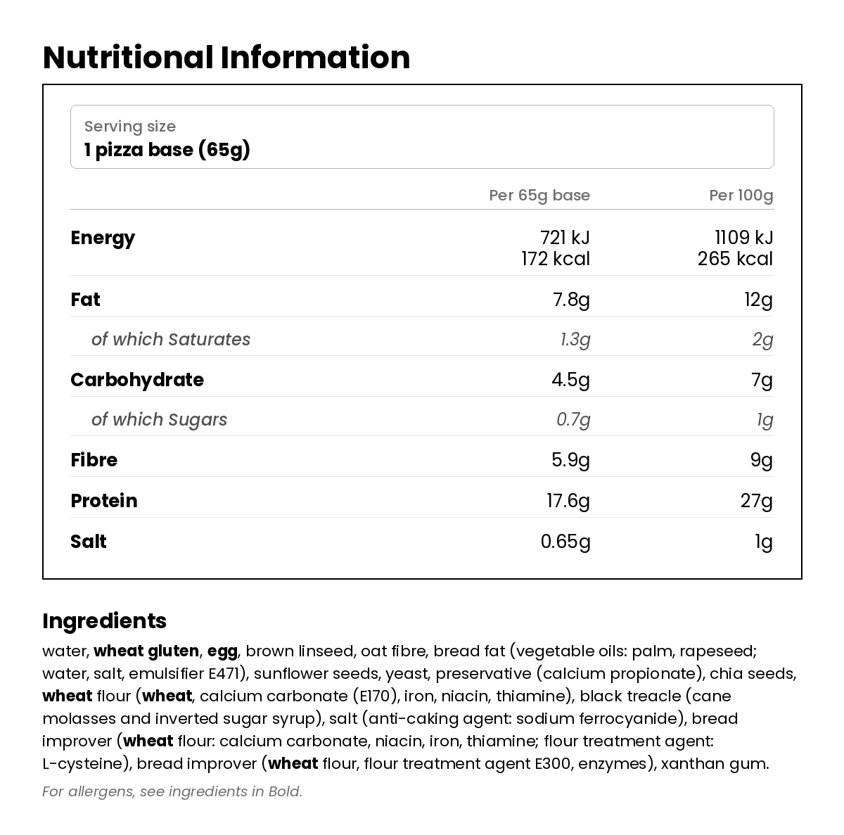Nutritional information for Keto Pizza Bases Rustica Style - 4 x 65g