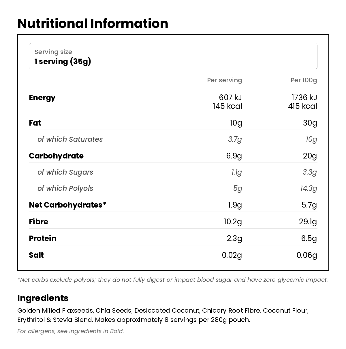 Nutritional information for Original Porridge 280g