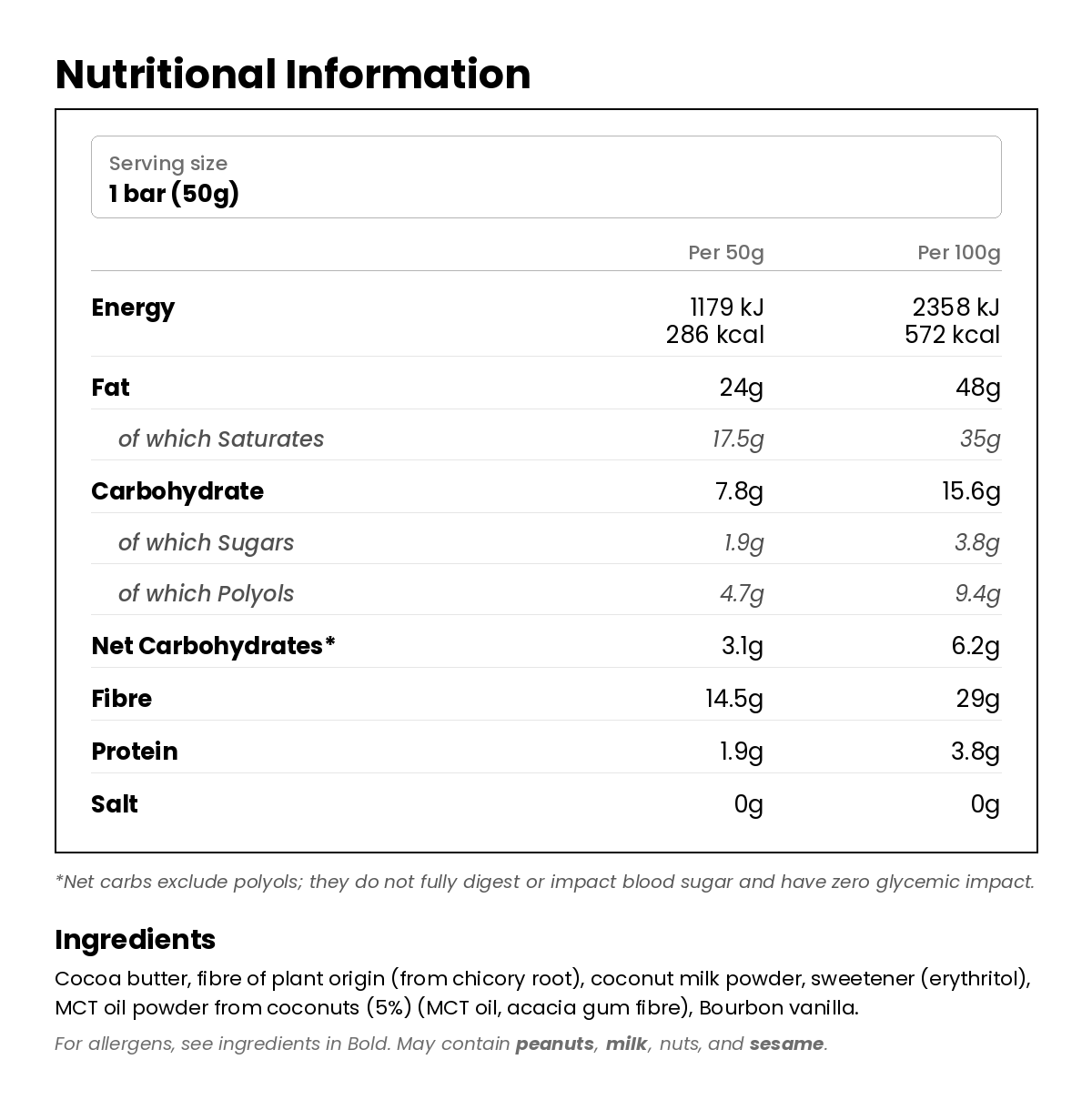Nutritional information for Keto White Chocolate with MCT & Bourbon Vanilla 50g