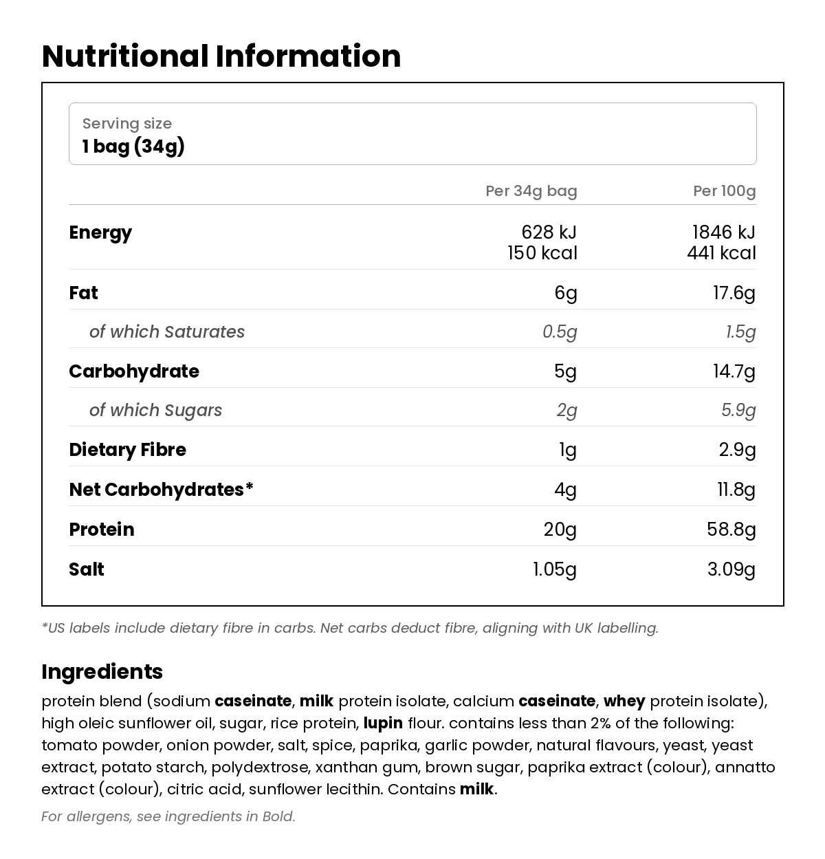 Nutritional information for Barbecue Popped Protein Chips 36g