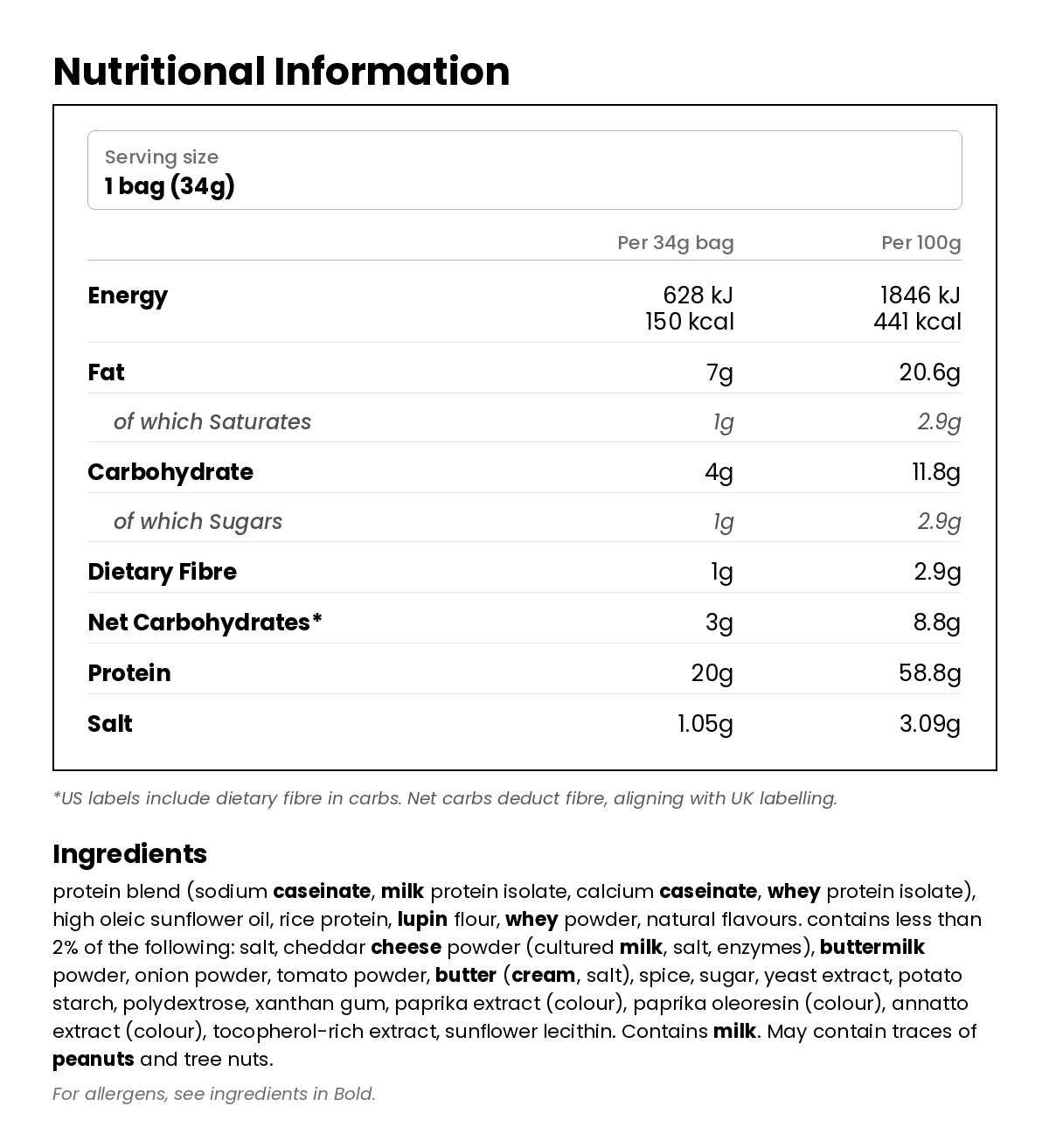Nutritional information for Nacho Cheese Popped Protein Chips 36g