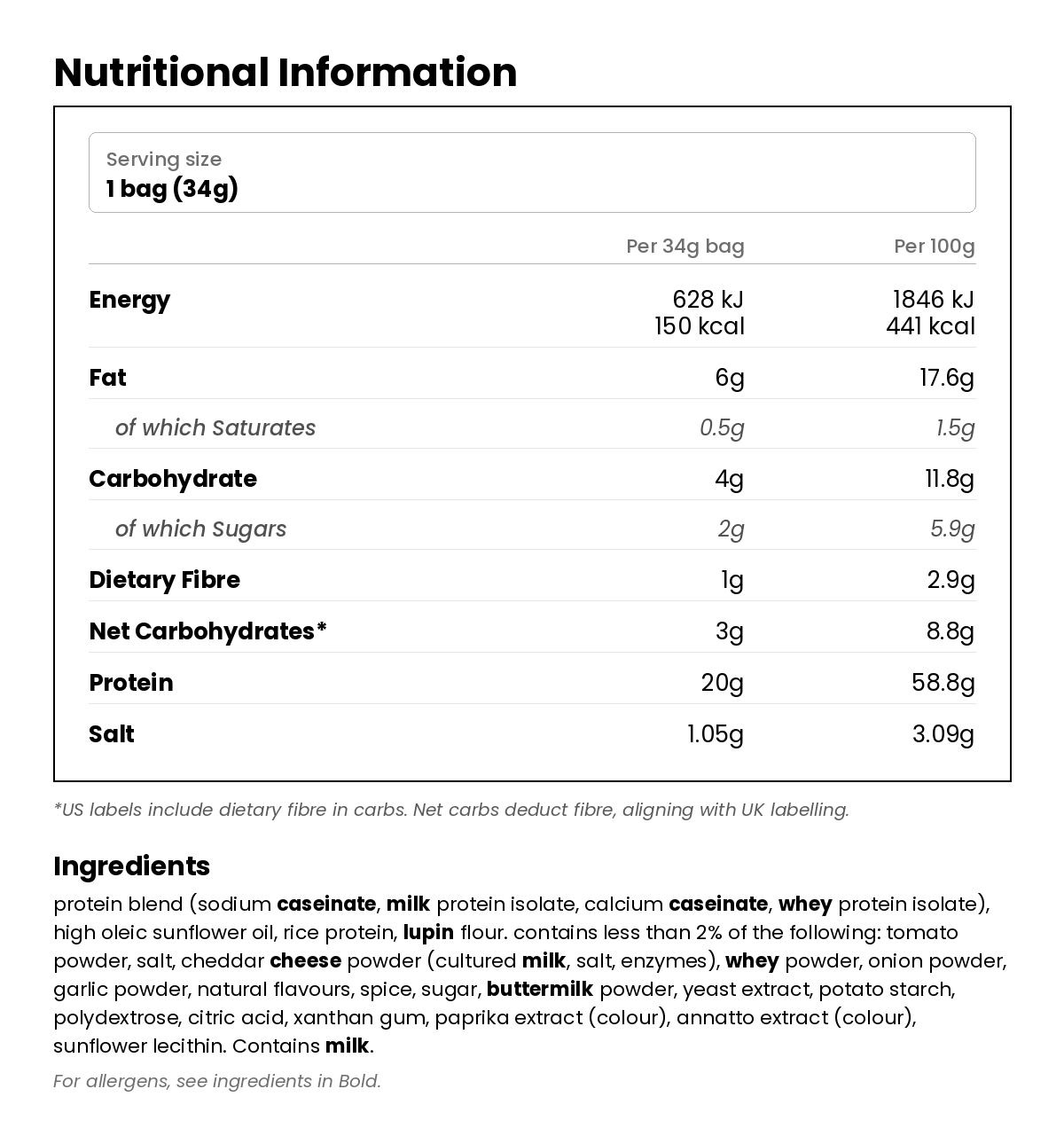 Nutritional information for Pizza Popped Protein Chips 34g