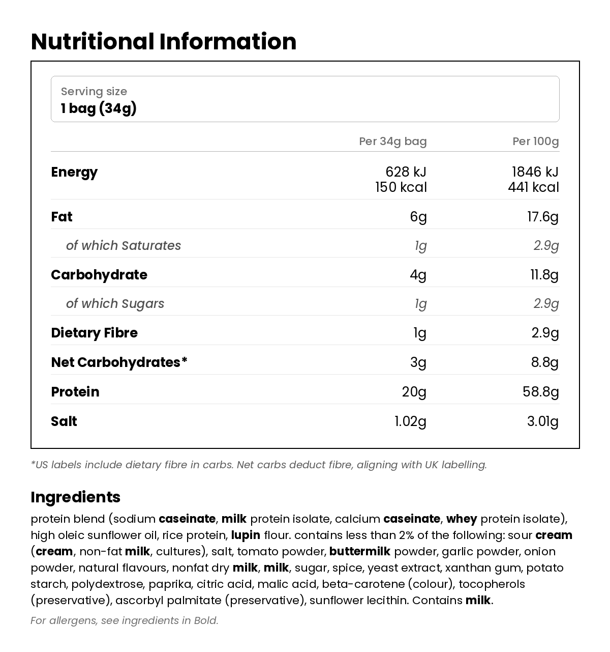 Nutritional information for Ranch Popped Protein Chips 36g