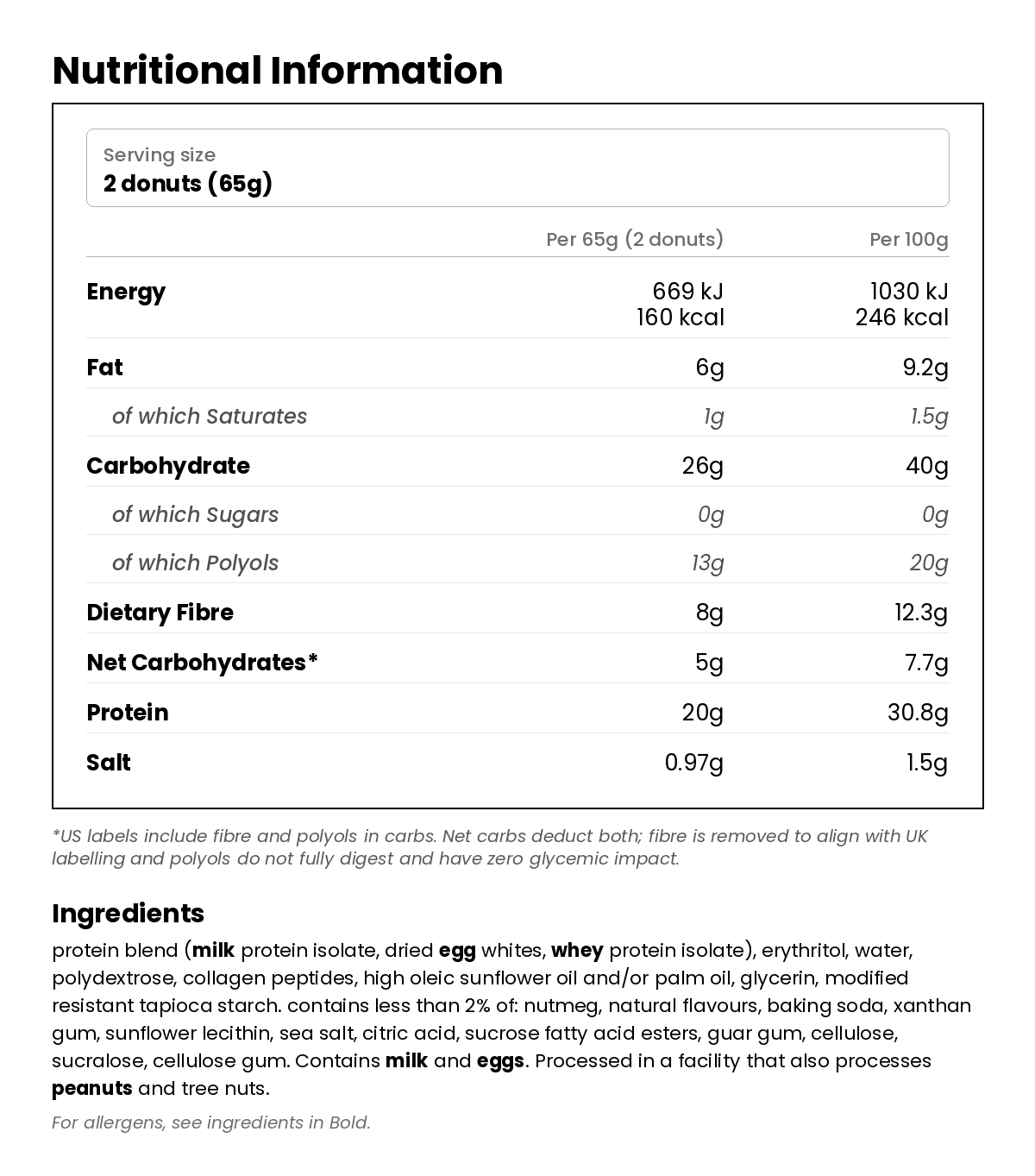 Nutritional information for Vanilla Glazed Protein Donuts 65g