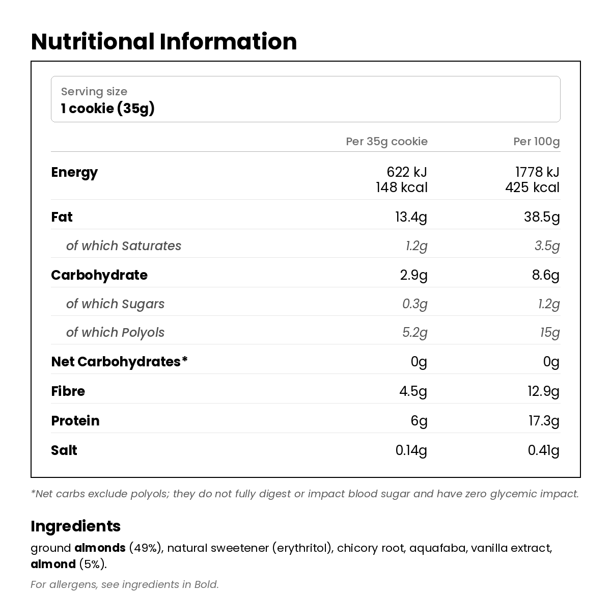 Nutritional information for Almond Keto Cookie 35g
