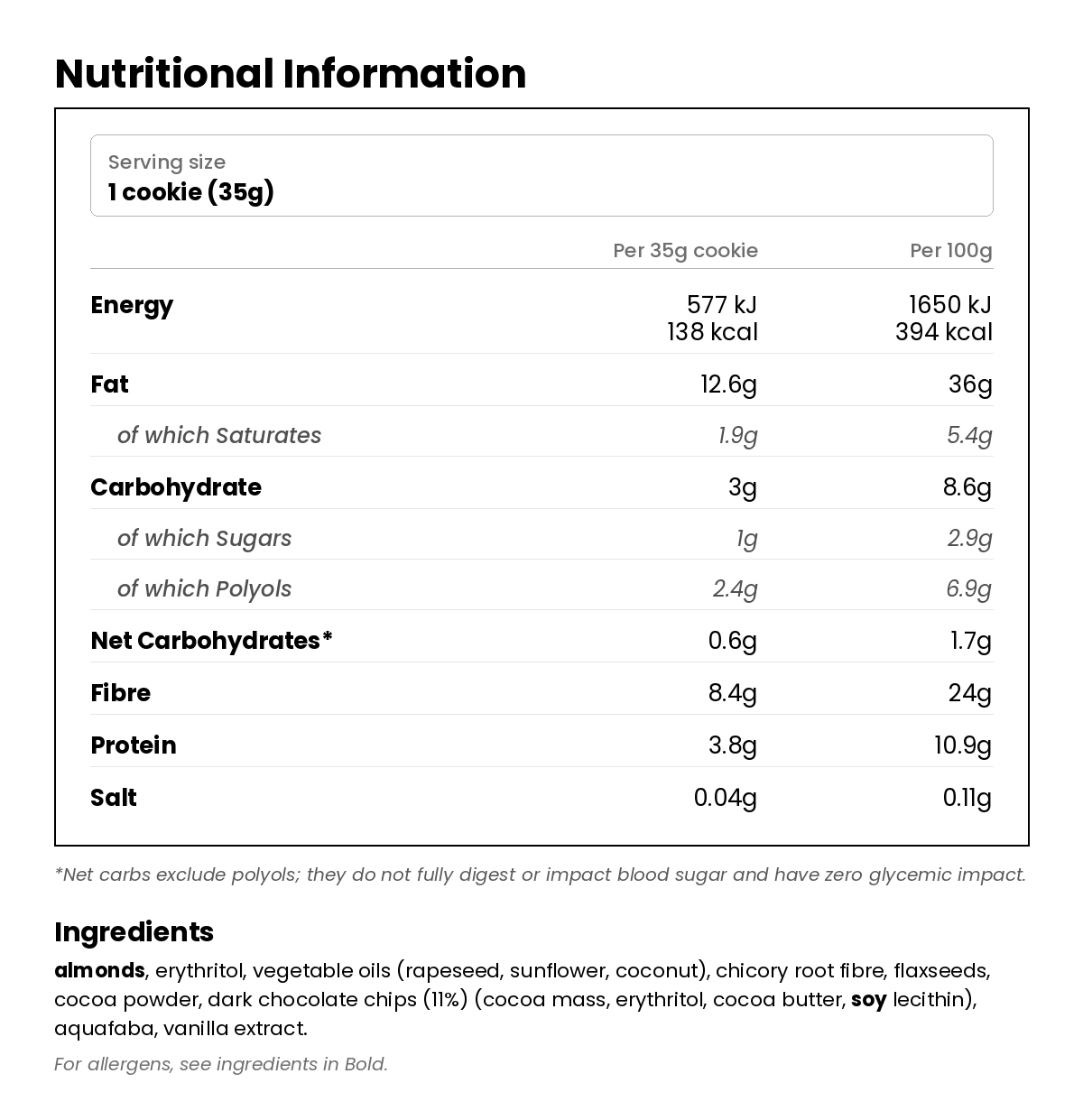 Nutritional information for Double Chocolate Keto Cookie 35g