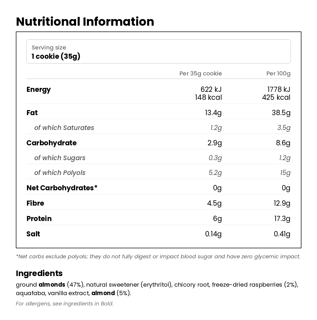 Nutritional information for Raspberry Almond Keto Cookie 35g