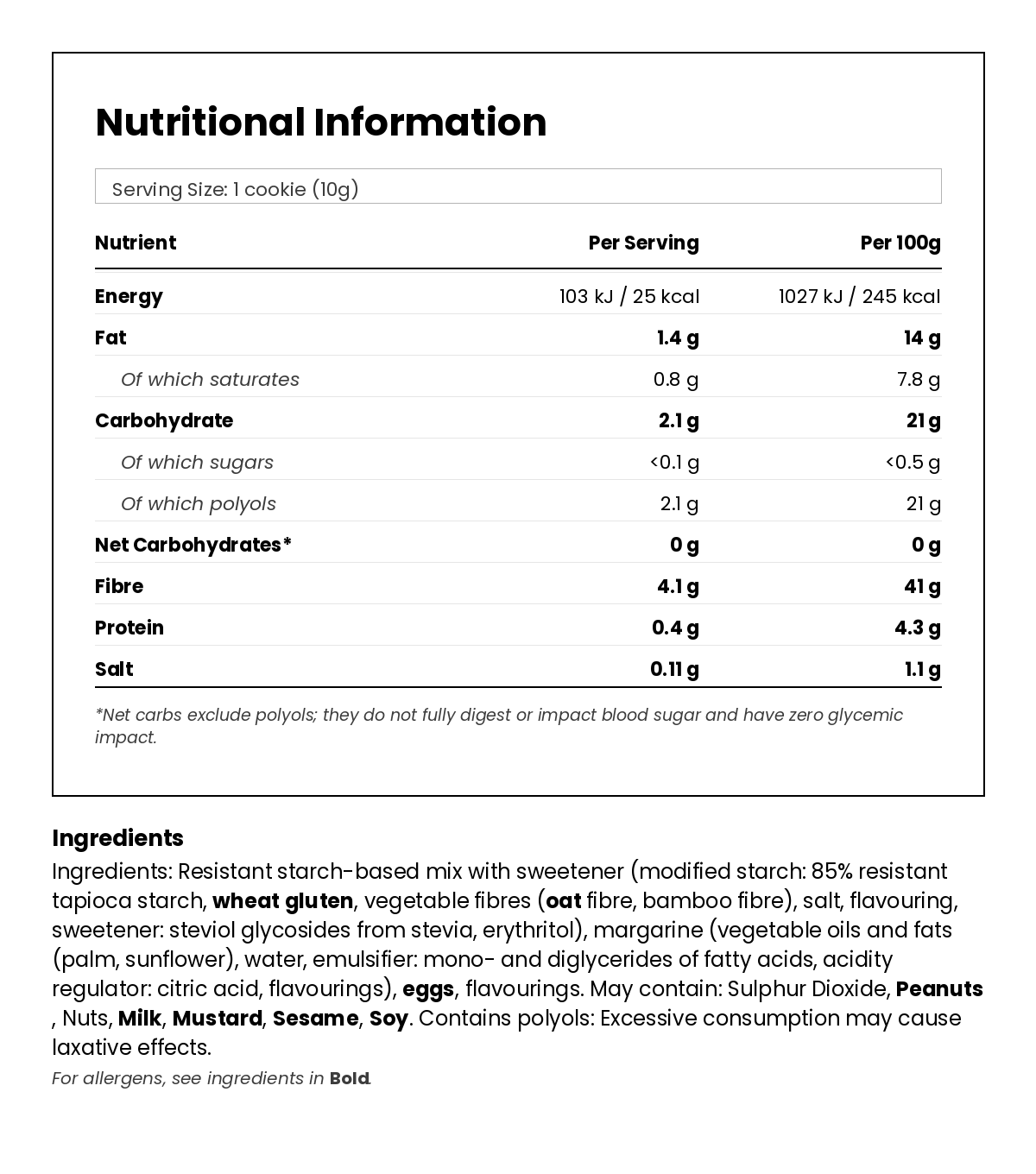 Nutritional information for Low Carb Canestrini - Pack of 16 Mini Cookies