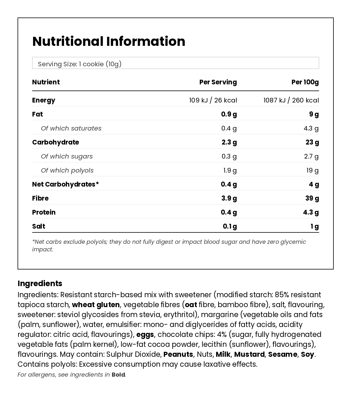 Nutritional information for Low Carb Chocolate Chip Mini Cookies - Pack of 16