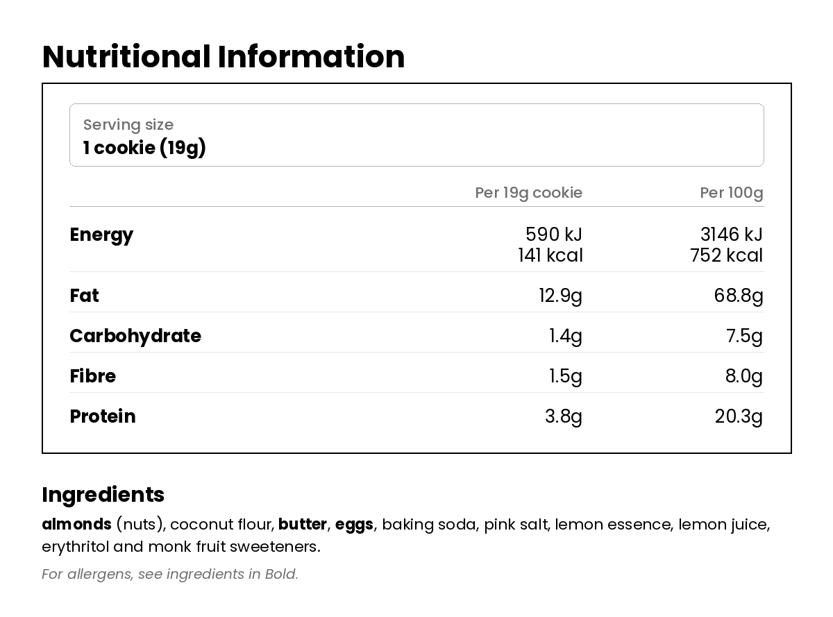 Nutritional information for Keto Low Carb Cookies - Lemon (Pack of 8)